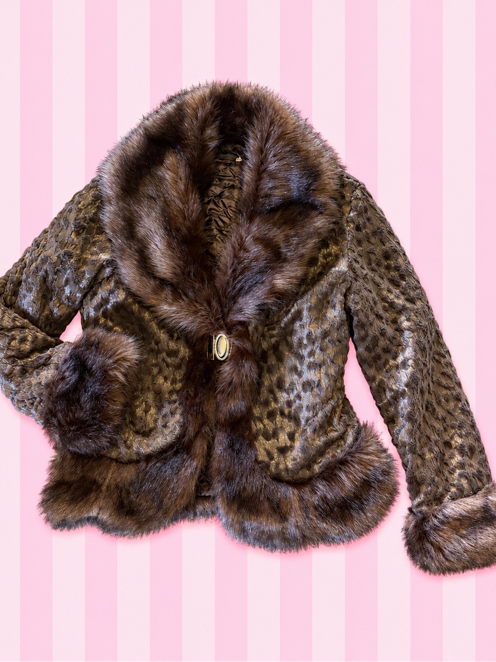 Sylc Camisa Brown Faux Fur Animal Print Jacket Y2K Mob Wife S/M